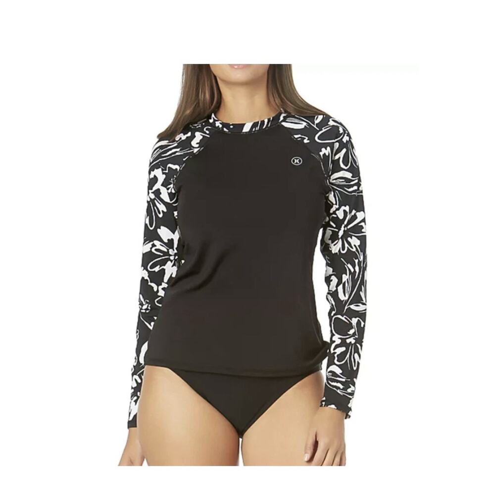 Hurley Women’s Long Sleeve Rash Guard UPF 50+ Size Large Black & White